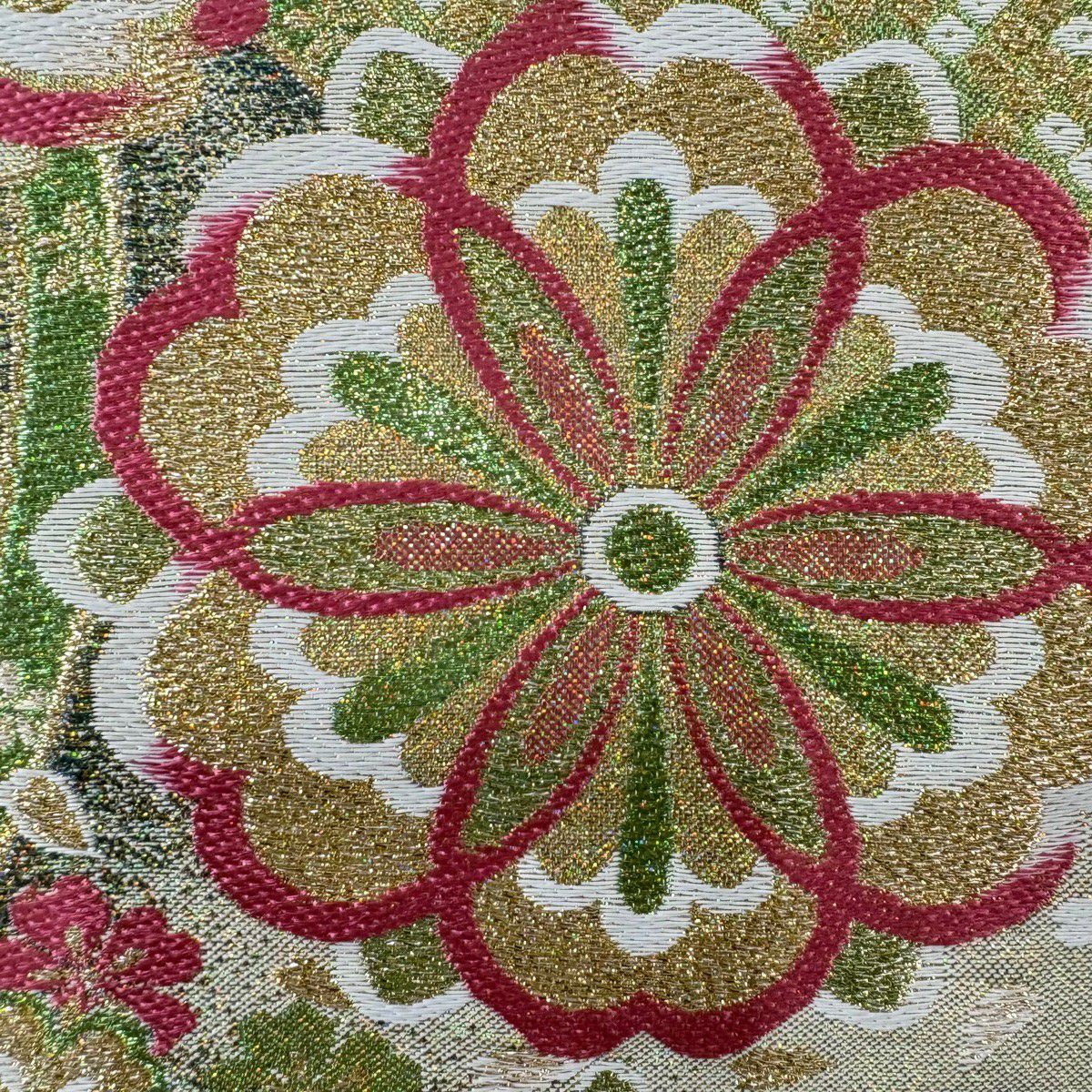 【美品】 袋帶 秀品級 華紋 櫻花 金絲 金金箔 淺綠 六通 純蠶絲