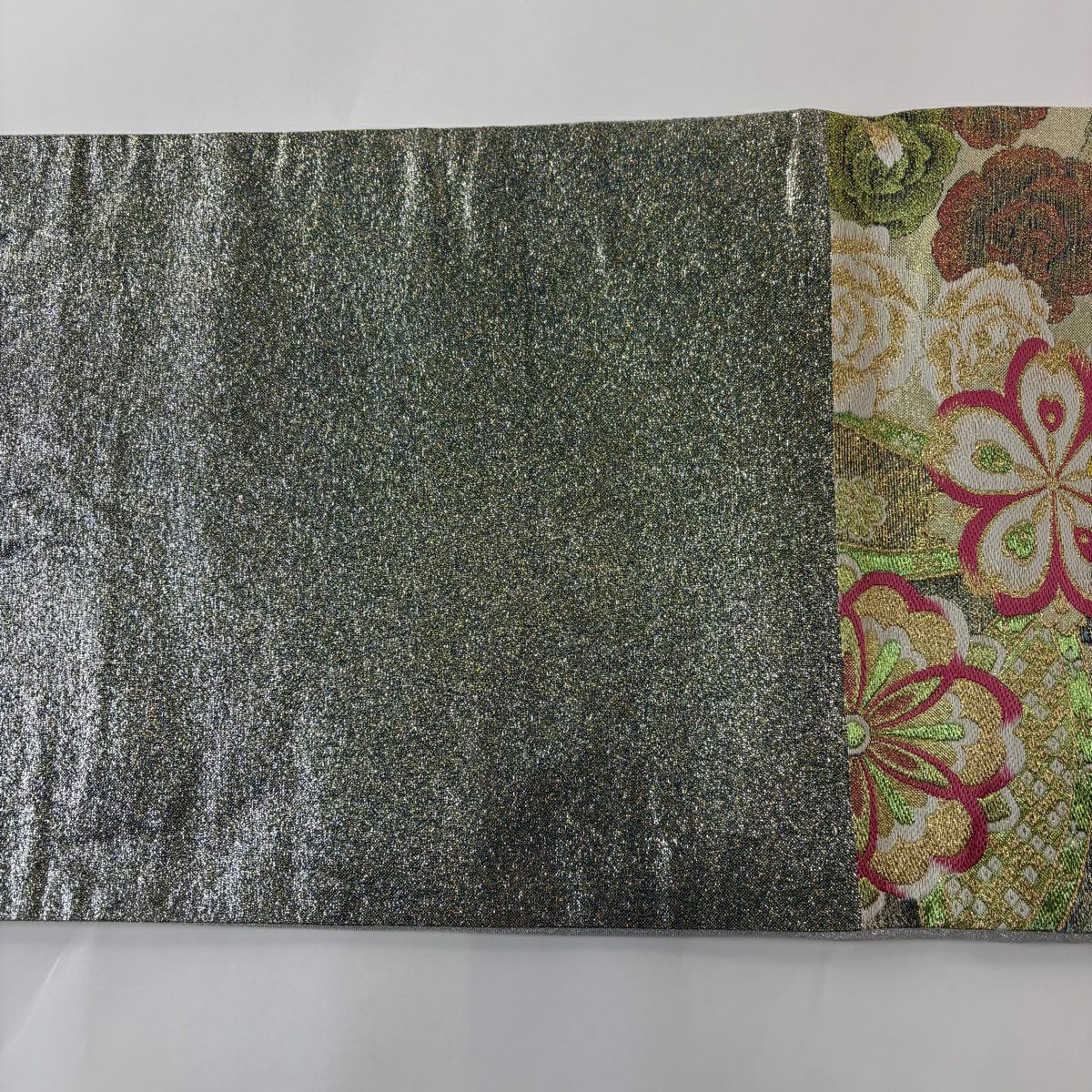 【美品】 袋帶 秀品級 華紋 櫻花 金絲 金金箔 淺綠 六通 純蠶絲