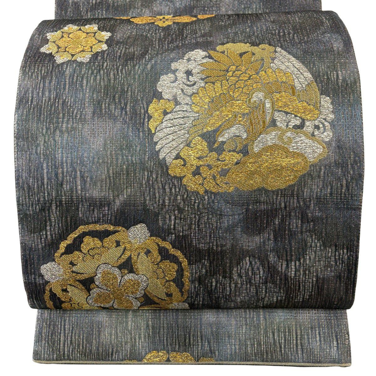 【美品】 袋帶 秀品級 鳳凰 華紋 金銀彩 金金箔 灰綠 六通 純蠶絲