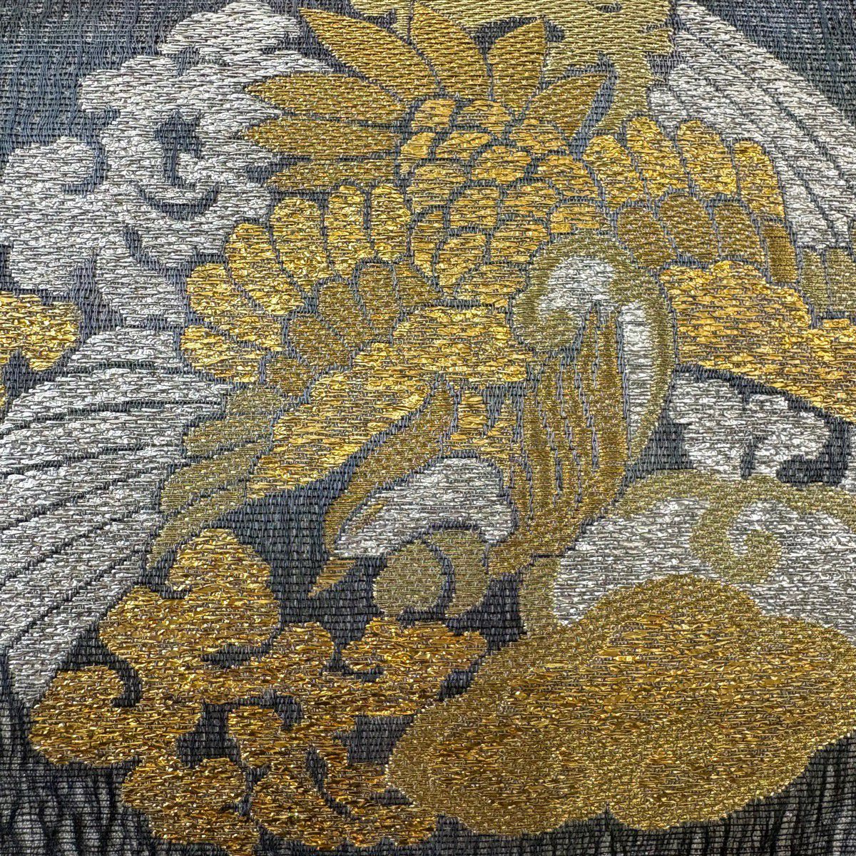 【美品】 袋帶 秀品級 鳳凰 華紋 金銀彩 金金箔 灰綠 六通 純蠶絲