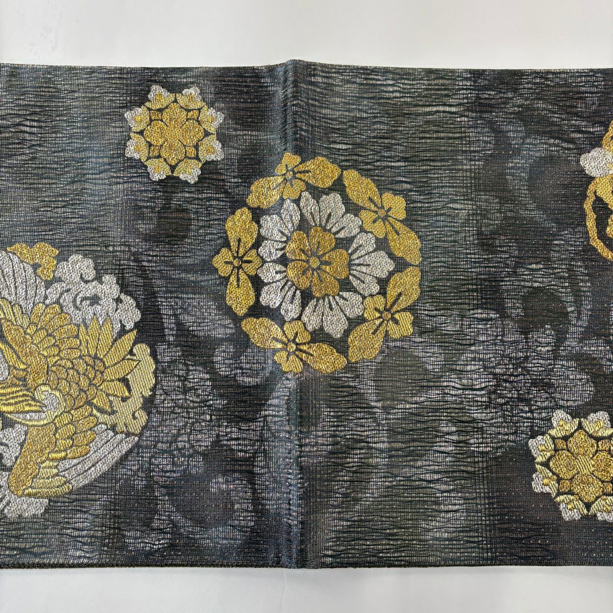 【美品】 袋帶 秀品級 鳳凰 華紋 金銀彩 金金箔 灰綠 六通 純蠶絲