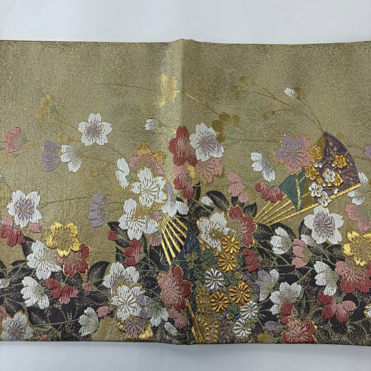 袋帶 秀品級 扇子子 櫻花 金銀線 金金箔 金色 六通 純蠶絲