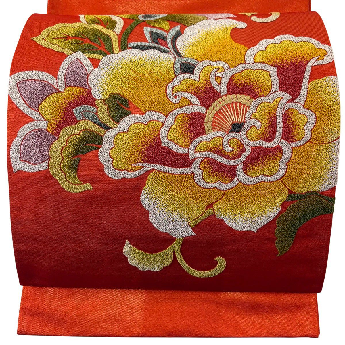 袋帶 優品級 花唐草紋 相良刺繡 金通 紅 大鼓圖案 純蠶絲