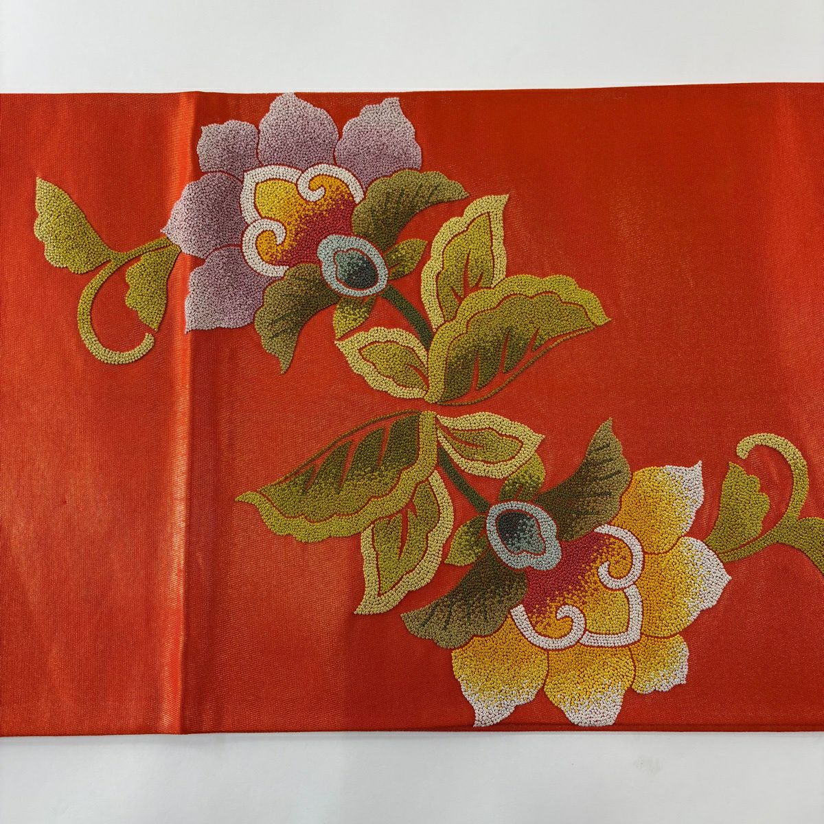 袋帶 優品級 花唐草紋 相良刺繡 金通 紅 大鼓圖案 純蠶絲