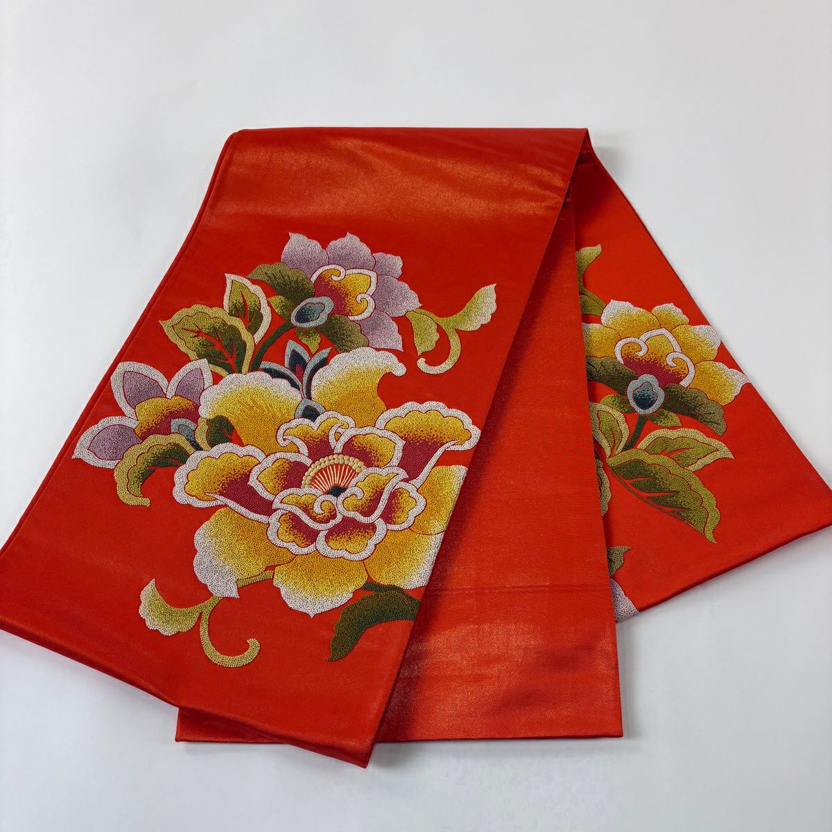袋帶 優品級 花唐草紋 相良刺繡 金通 紅 大鼓圖案 純蠶絲