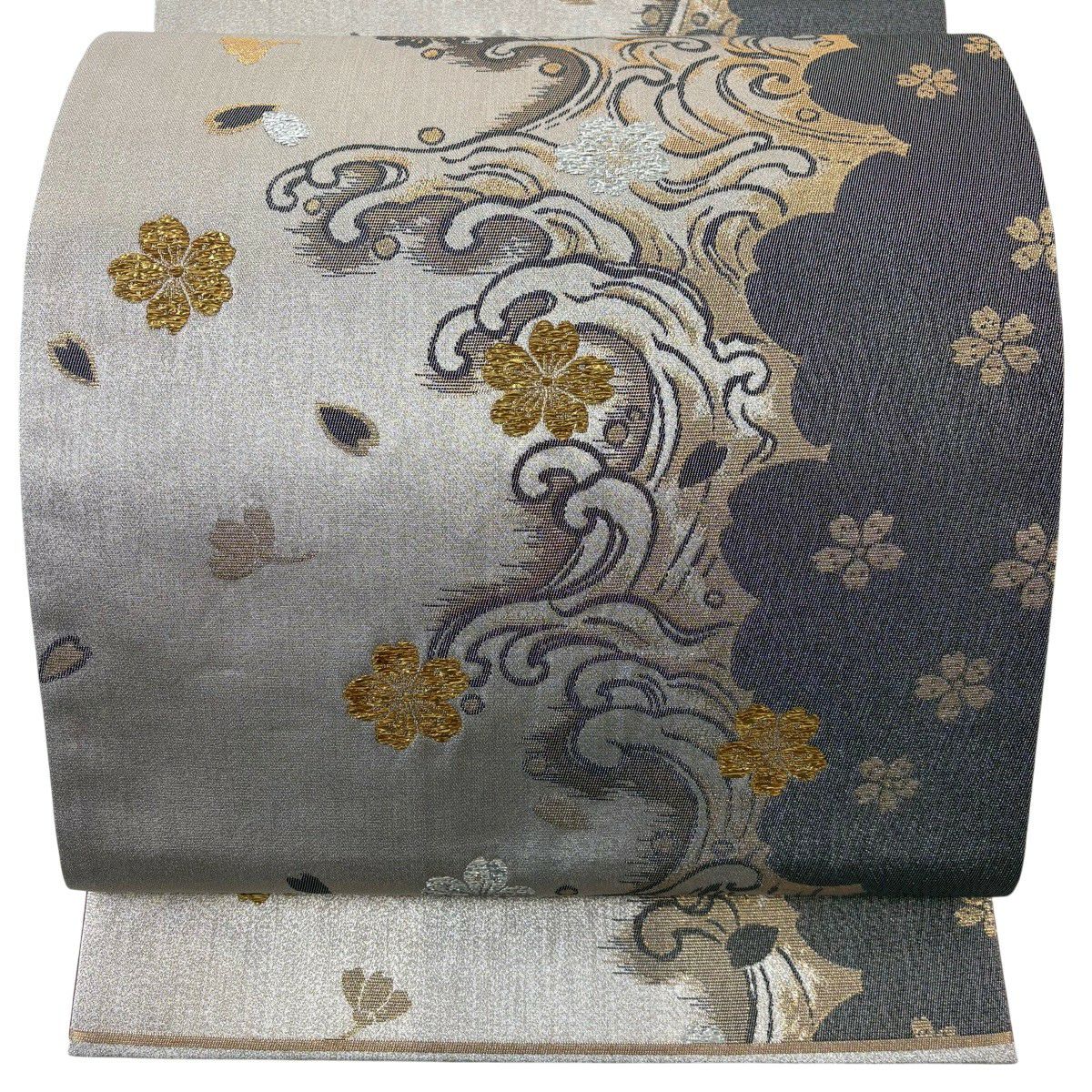 【美品】 袋帶 秀品級 樱花 波頭 金金箔 薄茶 六通 純蠶絲