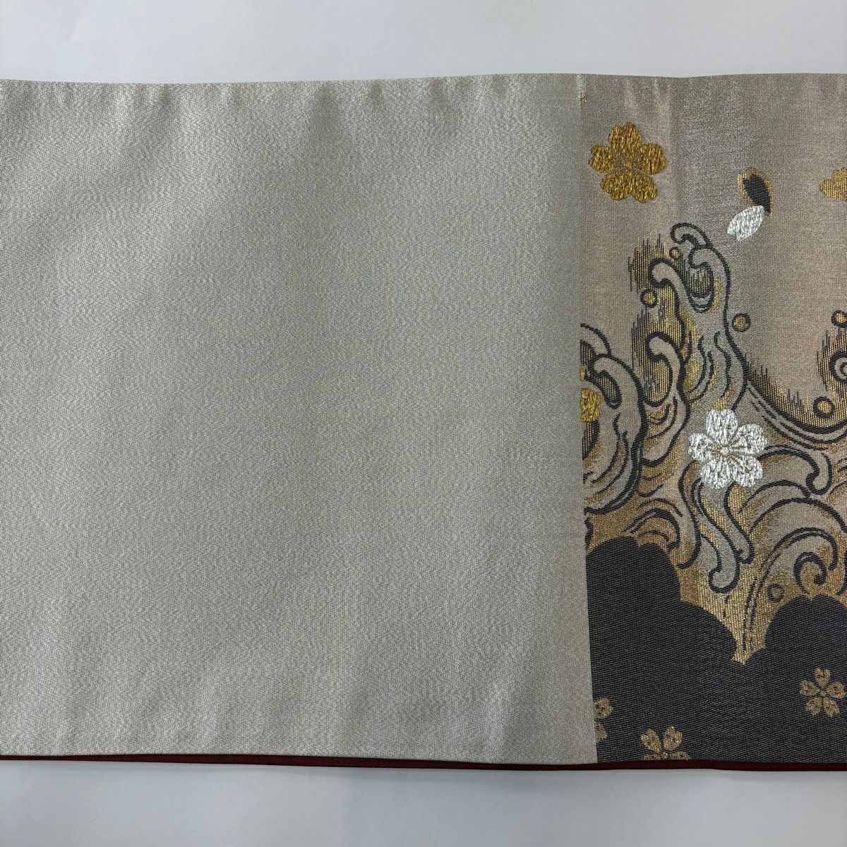 【美品】 袋帶 秀品級 樱花 波頭 金金箔 薄茶 六通 純蠶絲