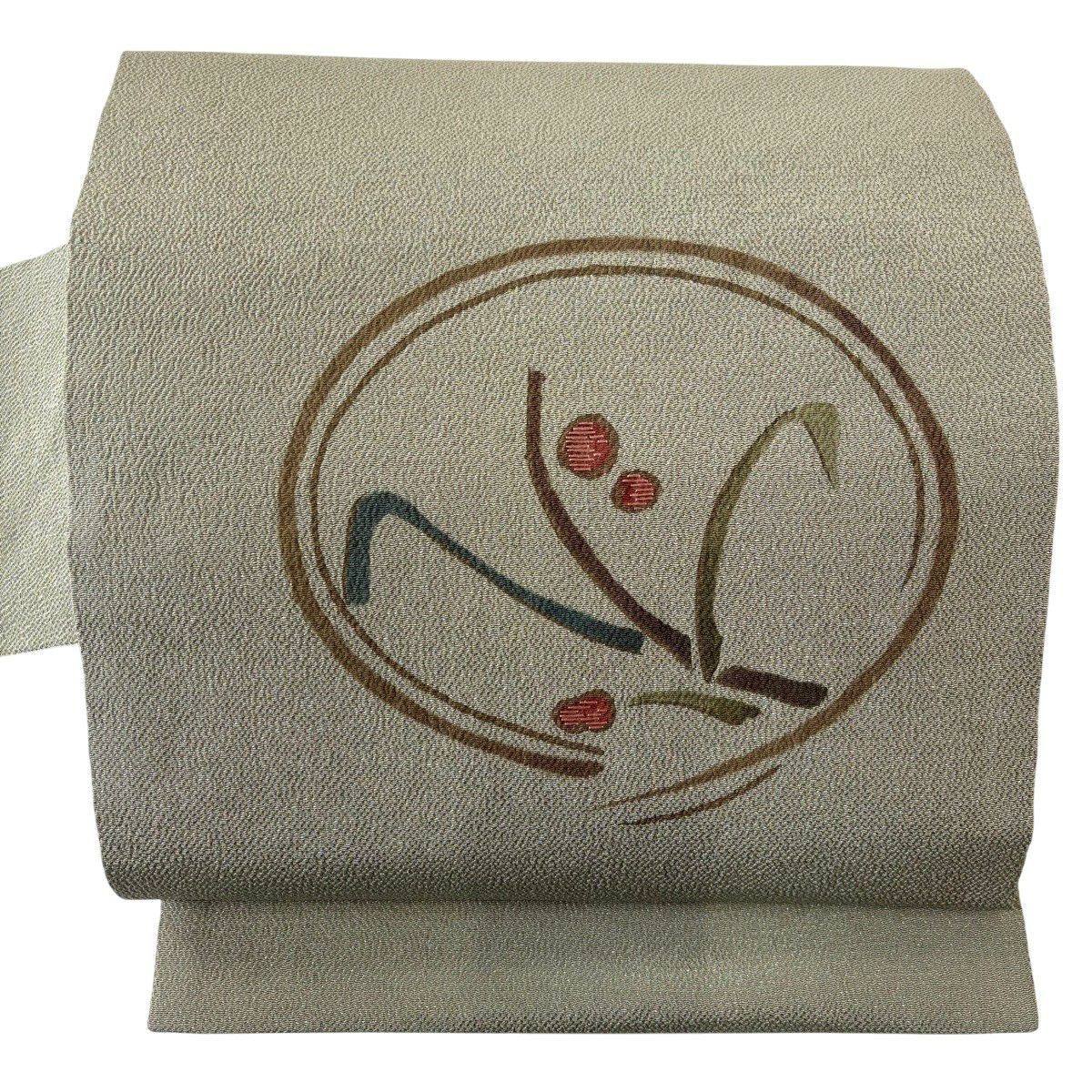 名古屋帶 秀品級 葉與果 縮緬 刺繡 灰綠 純蠶絲