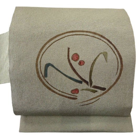 名古屋帶 秀品級 葉與果 縮緬 刺繡 灰綠 純蠶絲