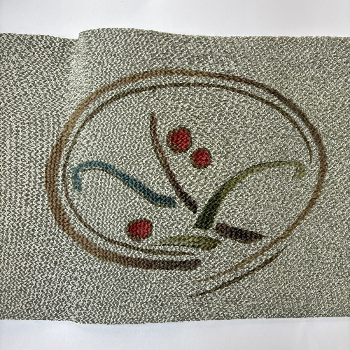 名古屋帶 秀品級 葉與果 縮緬 刺繡 灰綠 純蠶絲