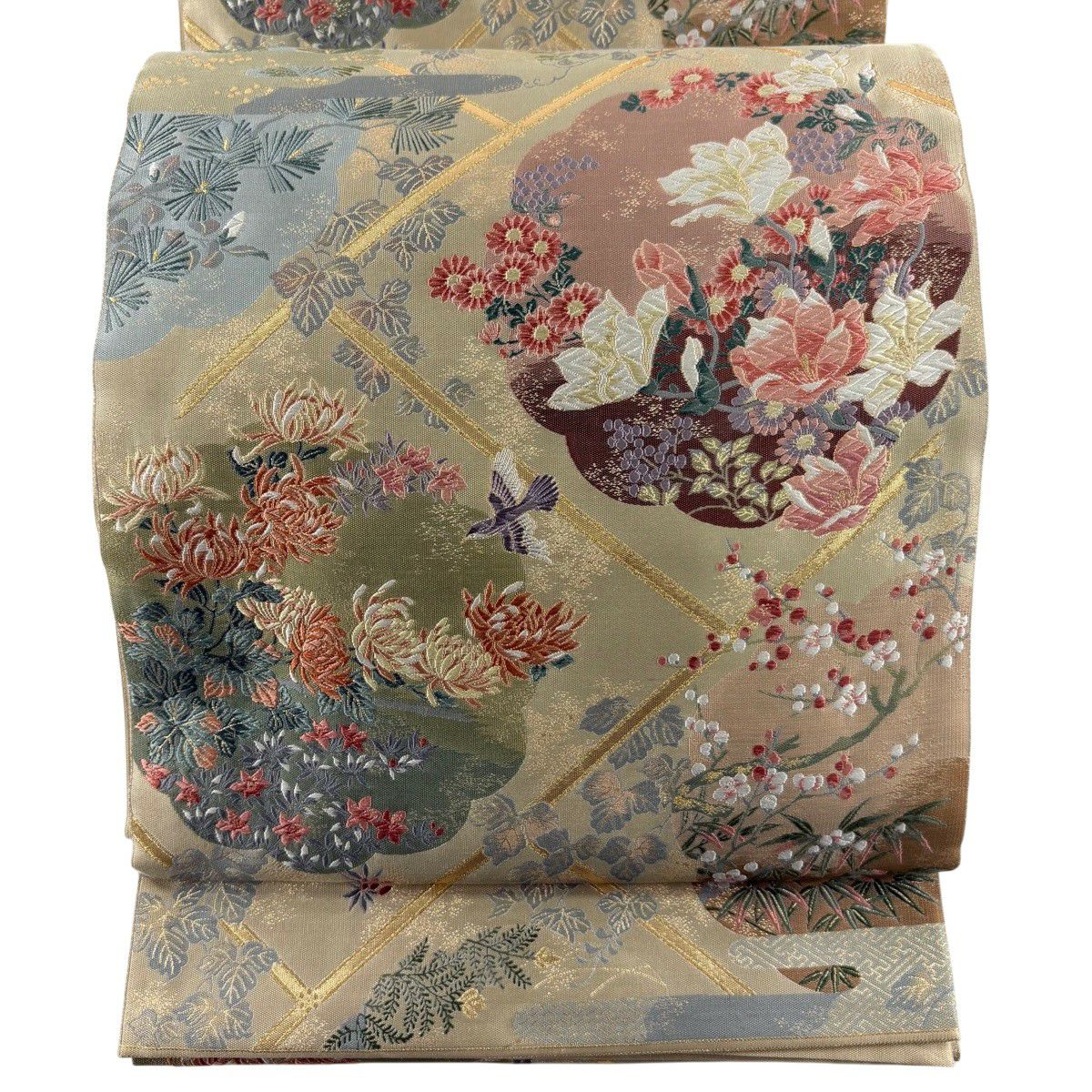 【美品】 袋帶 秀品級 關西仕立 花鳥 松樹梅花 唐織 金金箔 淺茶 六通 純蠶絲