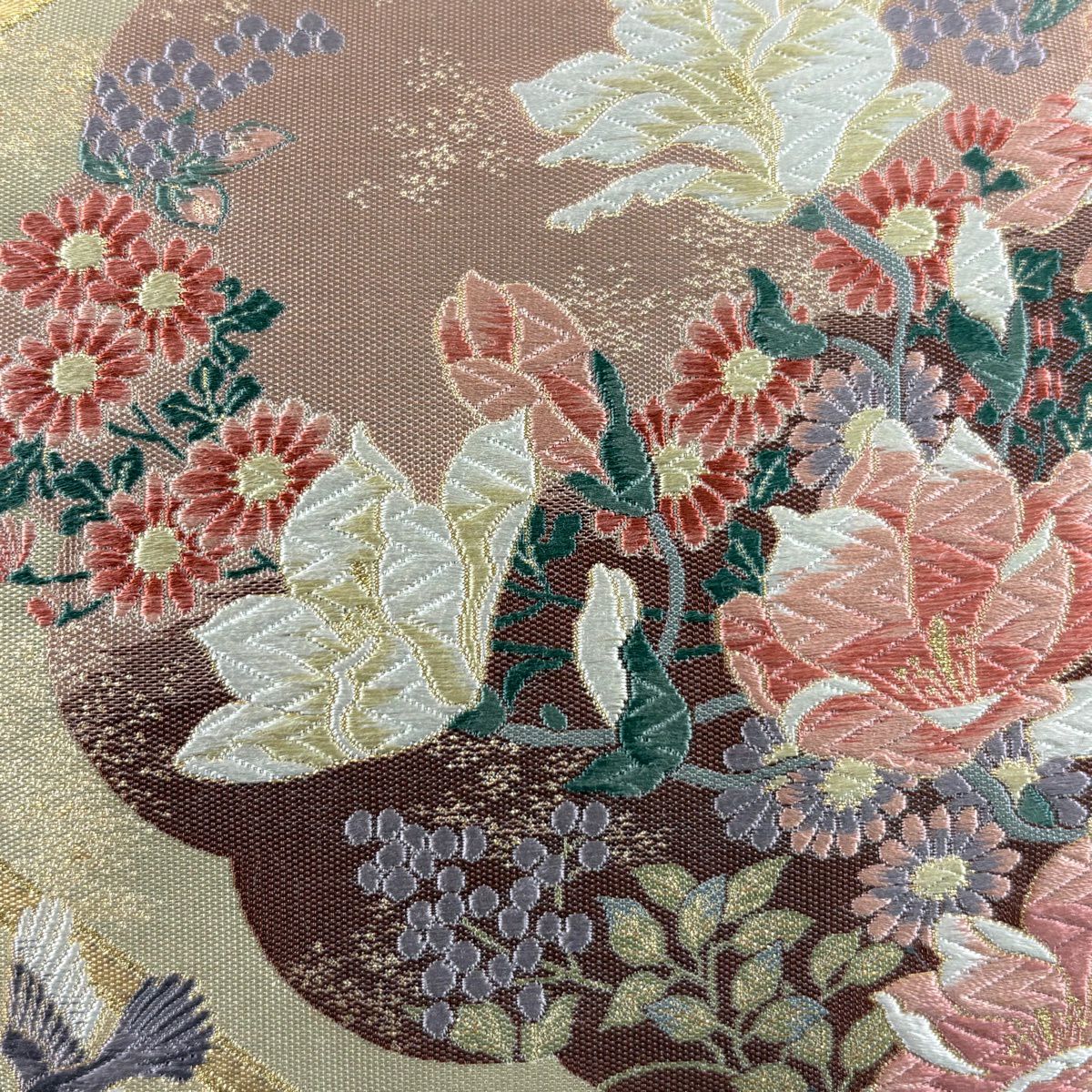 【美品】 袋帶 秀品級 關西仕立 花鳥 松樹梅花 唐織 金金箔 淺茶 六通 純蠶絲