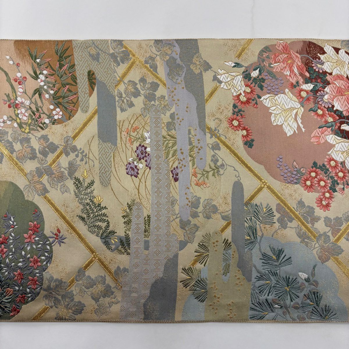 【美品】 袋帶 秀品級 關西仕立 花鳥 松樹梅花 唐織 金金箔 淺茶 六通 純蠶絲