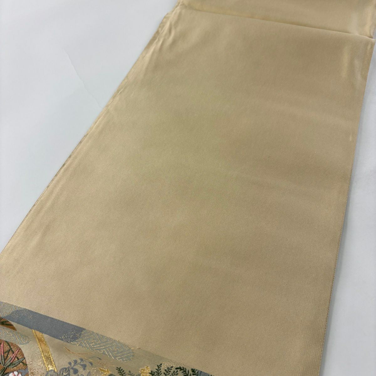 【美品】 袋帶 秀品級 關西仕立 花鳥 松樹梅花 唐織 金金箔 淺茶 六通 純蠶絲