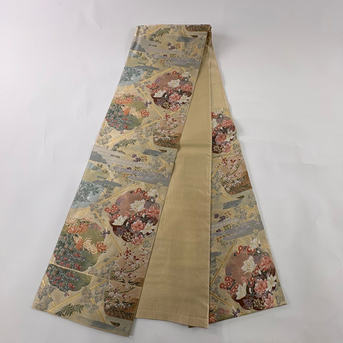 【美品】 袋帶 秀品級 關西仕立 花鳥 松樹梅花 唐織 金金箔 淺茶 六通 純蠶絲