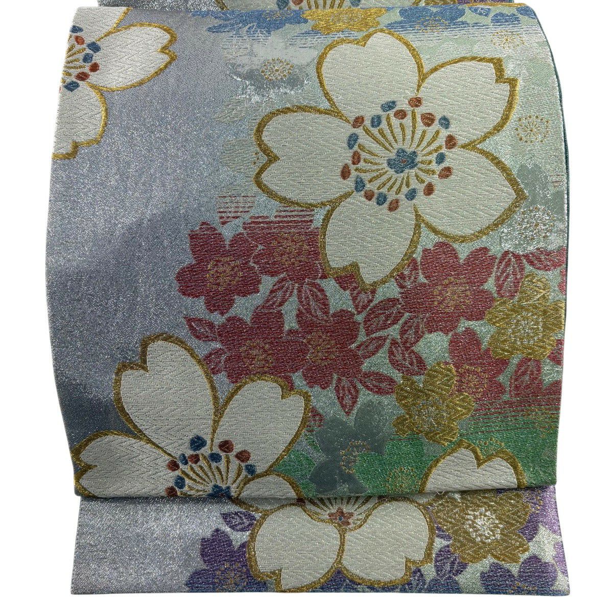 【美品】 袋帶 秀品級 彩色 花吹雪 櫻花 唐織 金金箔 淺綠 六通 純蠶絲