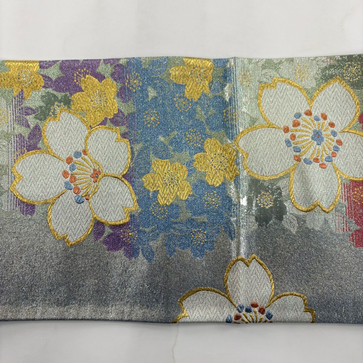 【美品】 袋帶 秀品級 彩色 花吹雪 櫻花 唐織 金金箔 淺綠 六通 純蠶絲
