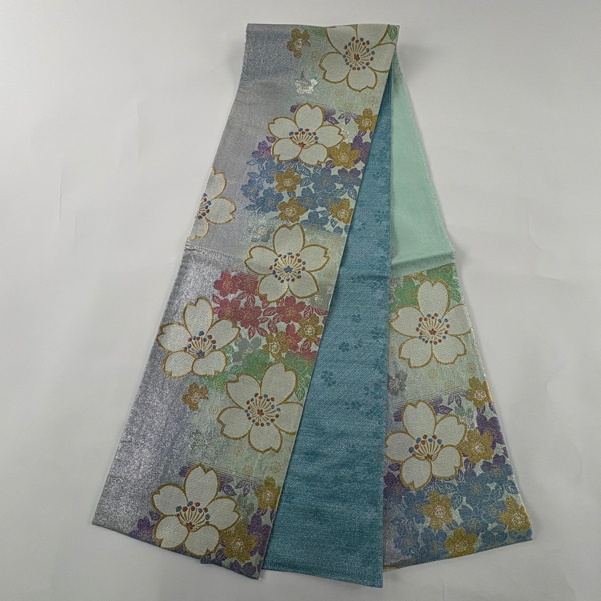 【美品】 袋帶 秀品級 彩色 花吹雪 櫻花 唐織 金金箔 淺綠 六通 純蠶絲