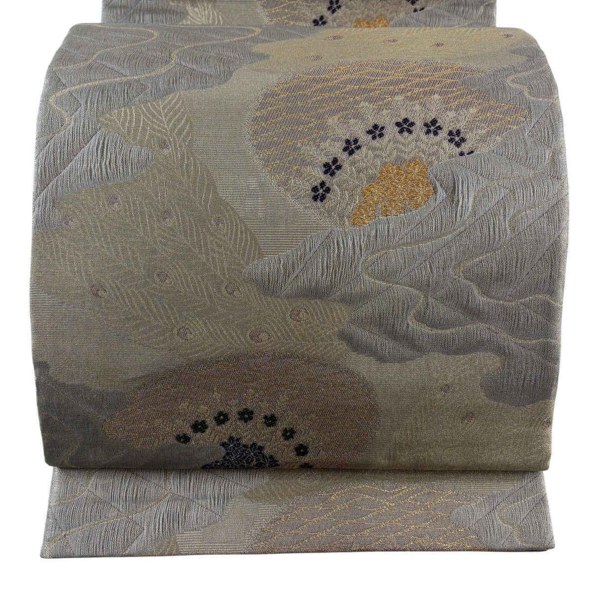 【美品】 袋帶 秀品級 草花紋紋 霞 金絲 金金箔 灰色 六通 純蠶絲