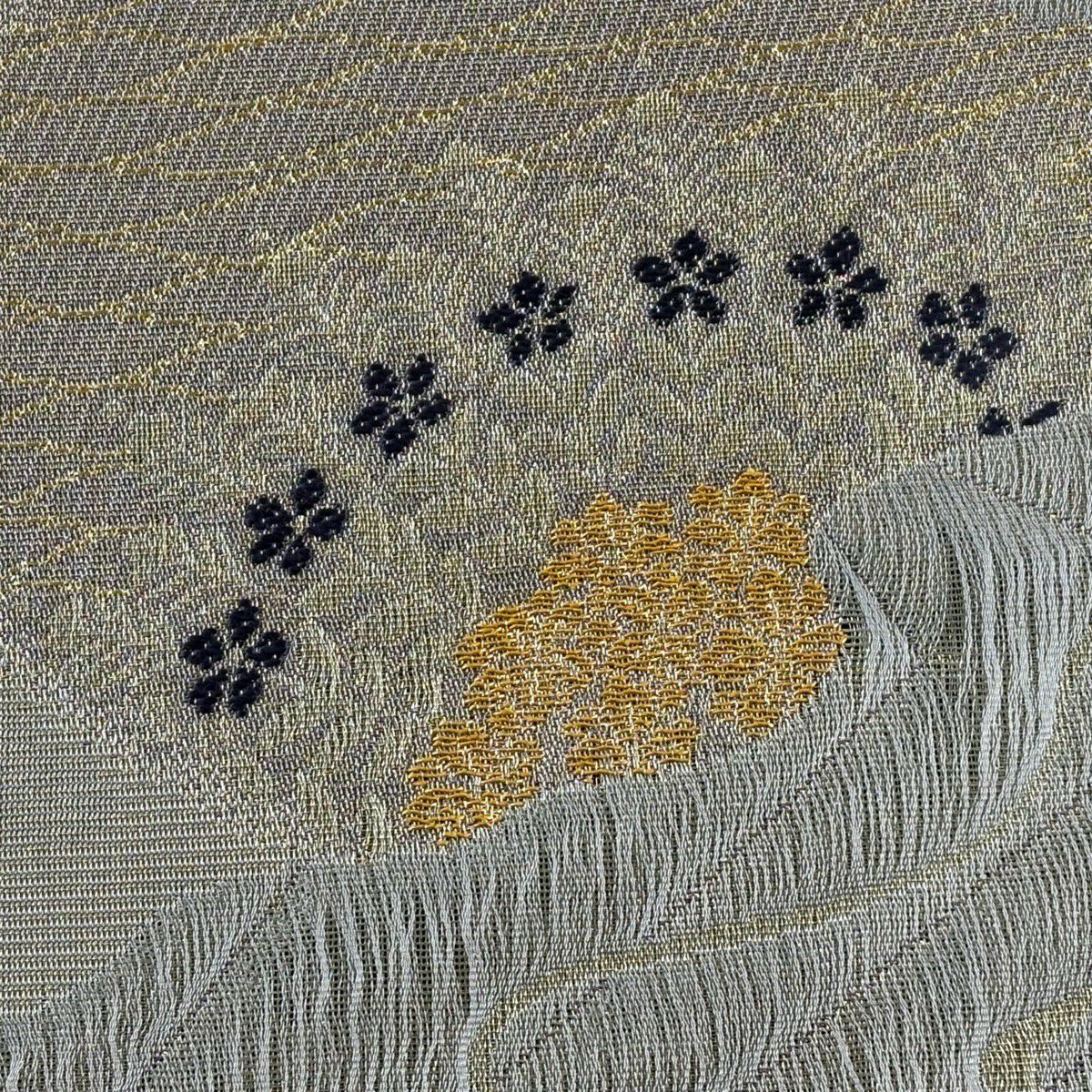 【美品】 袋帶 秀品級 草花紋紋 霞 金絲 金金箔 灰色 六通 純蠶絲