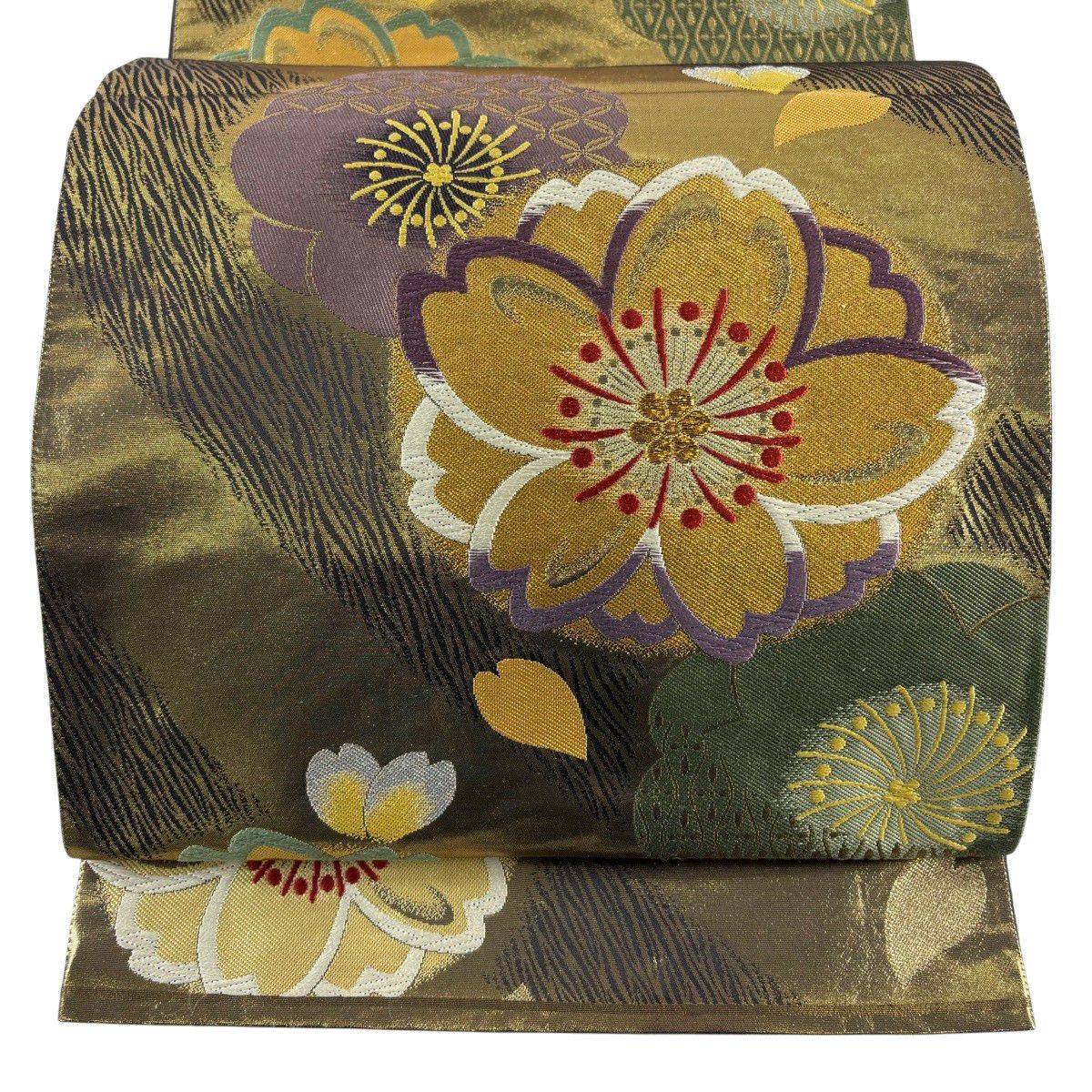 【美品】 袋帶 秀品級 振袖禮服禮服用 櫻花 櫻花花瓣 金銀線 刺繡 金色 六通 純蠶絲