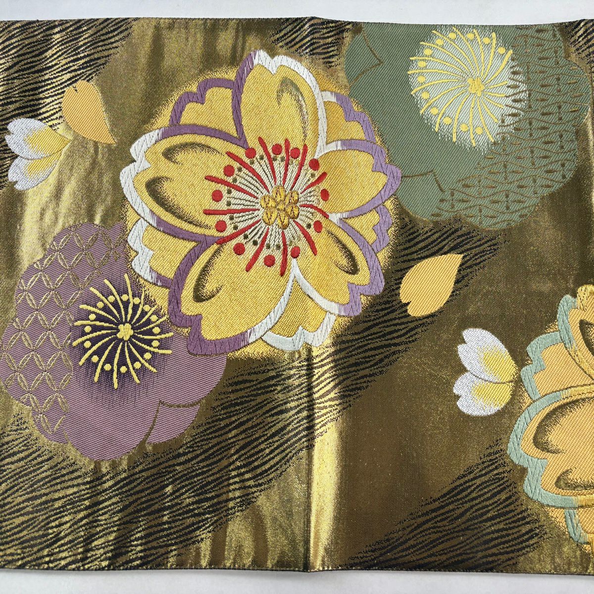 【美品】 袋帶 秀品級 振袖禮服禮服用 櫻花 櫻花花瓣 金銀線 刺繡 金色 六通 純蠶絲