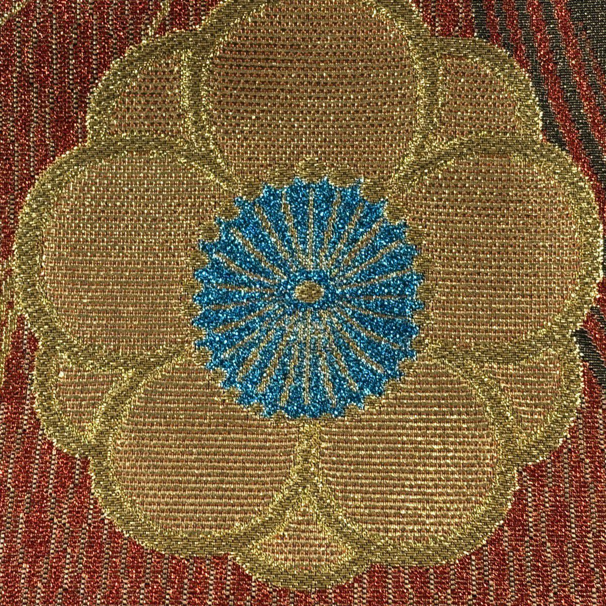 【美品】 袋帶 秀品級 附有落款 振袖禮服禮服用 草花紋紋 金銀彩 金金箔 朱色 六通 純蠶絲