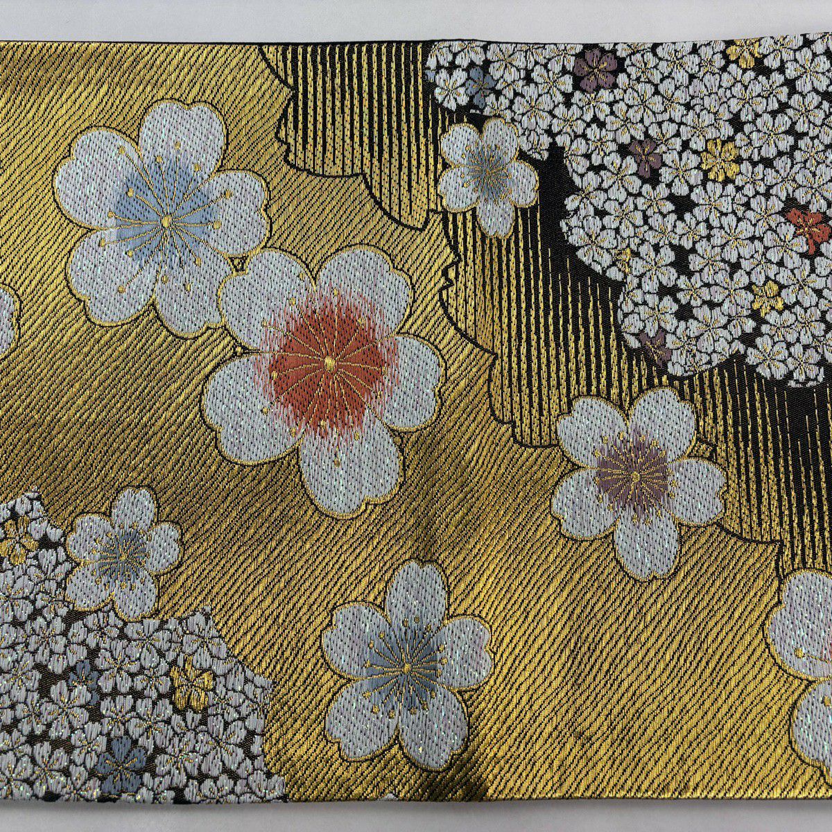 【美品】 袋帶 秀品級 櫻花 金絲 金金箔 黑 六通 純蠶絲