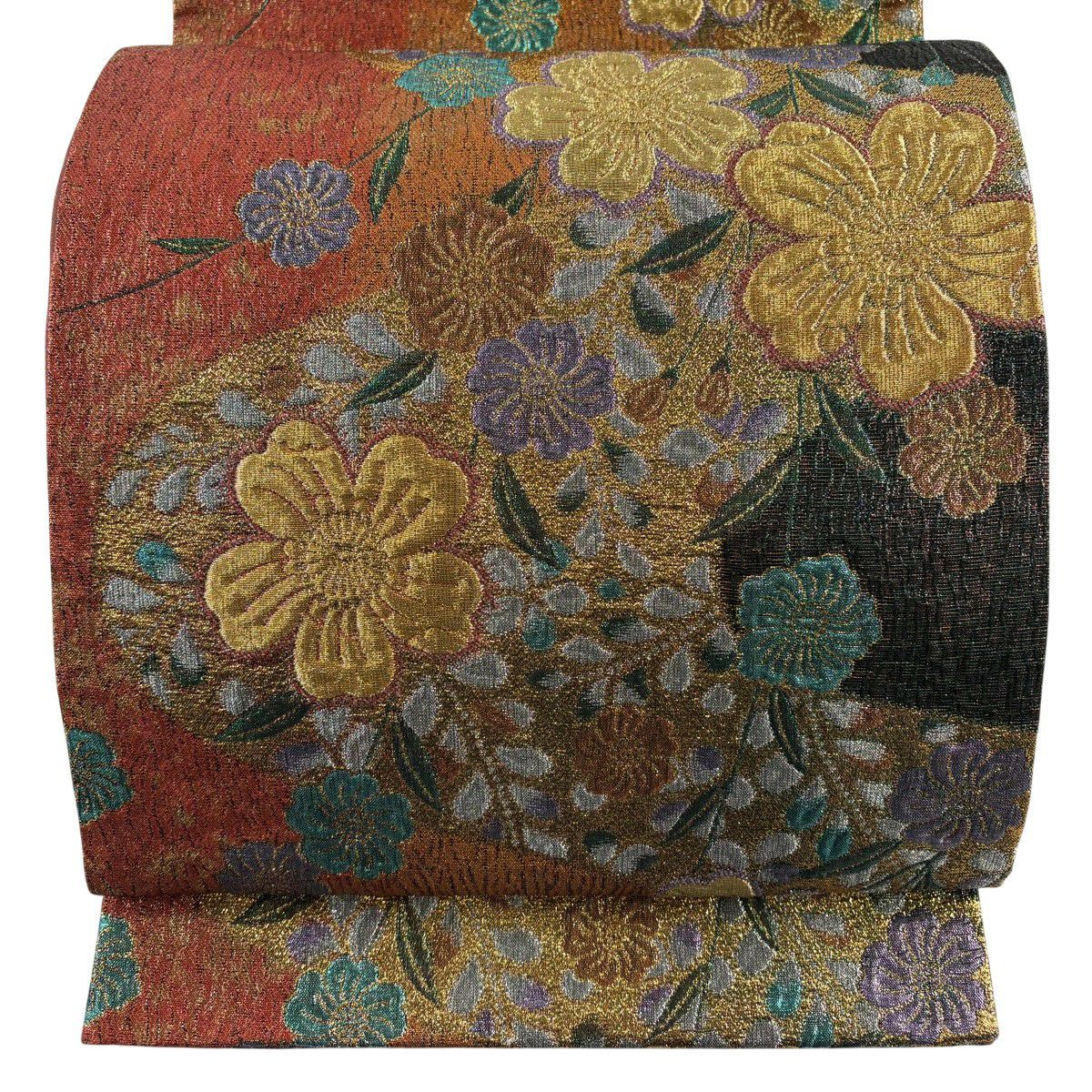 【美品】 袋帶 秀品級 草花紋 金銀彩 金金箔 茜 深藍 六通 純蠶絲