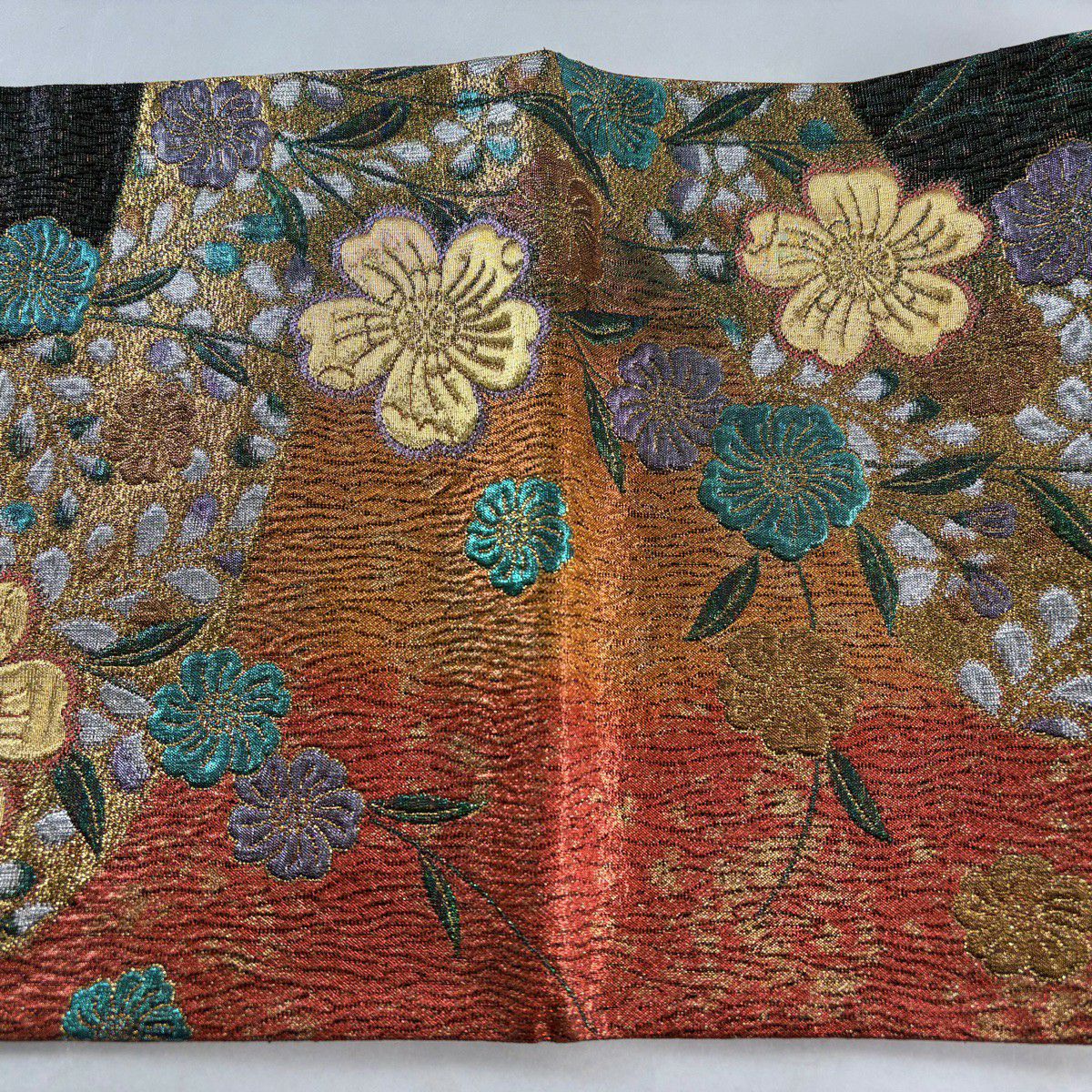 【美品】 袋帶 秀品級 草花紋 金銀彩 金金箔 茜 深藍 六通 純蠶絲