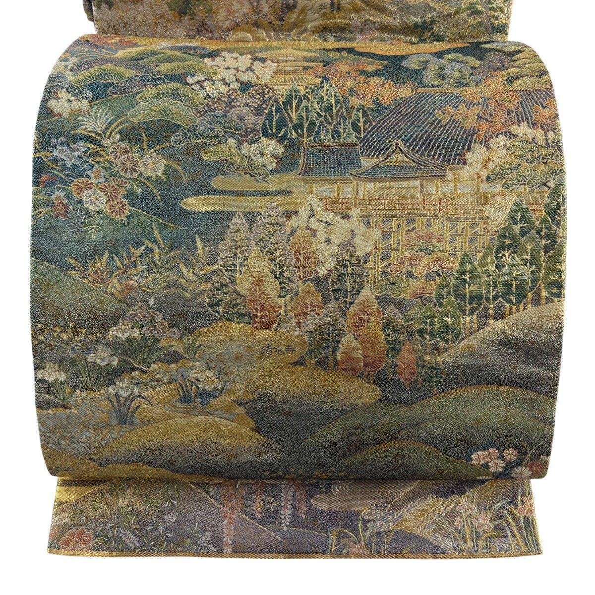【美品】 袋帶 秀品級 建築 風景 金絲 金金箔 青綠 大鼓圖案 純蠶絲