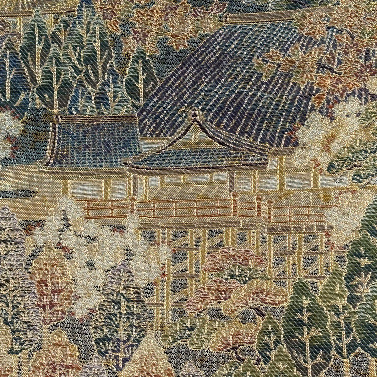 【美品】 袋帶 秀品級 建築 風景 金絲 金金箔 青綠 大鼓圖案 純蠶絲