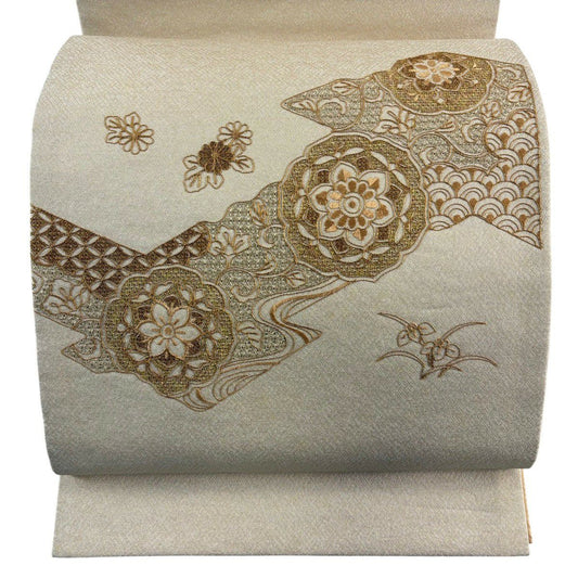 袋帶 秀品級 華紋 草花紋紋 金絲刺繡 米色 お太鼓圖案 純蠶絲