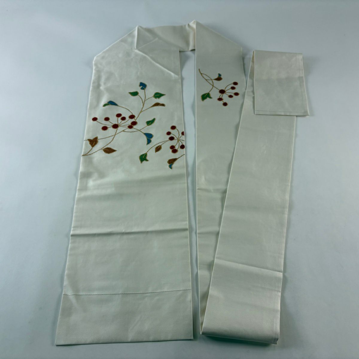 名古屋帶 秀品級 草花紋 金糸 刺繡 奶油色 純蠶絲