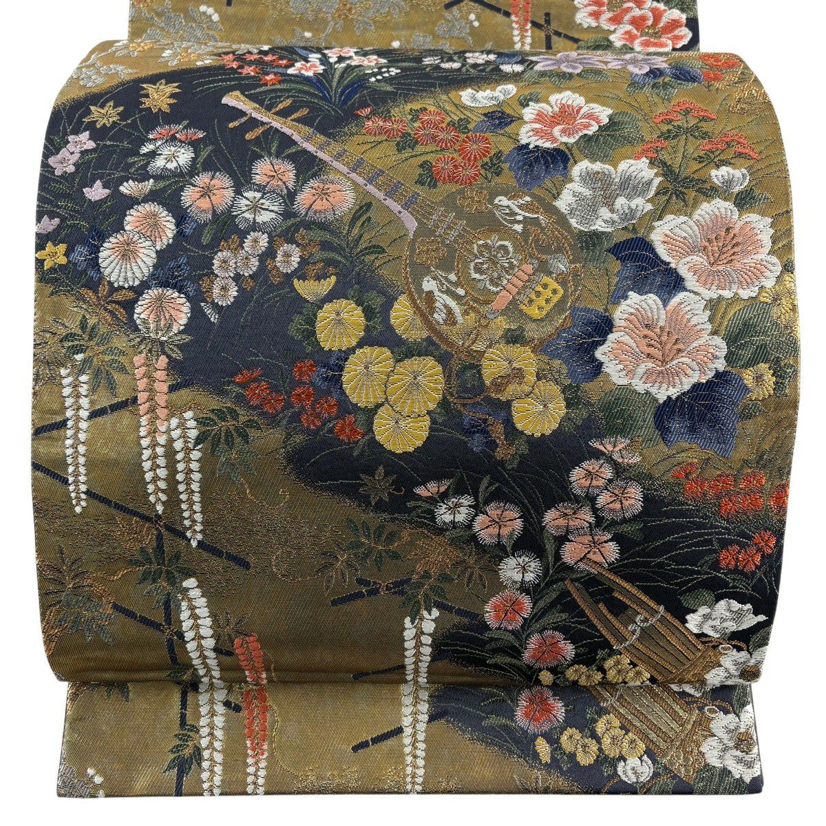 【美品】 袋帶 秀品級 樂器 草花紋 金糸 金金箔 墨 深藍 六通 純蠶絲