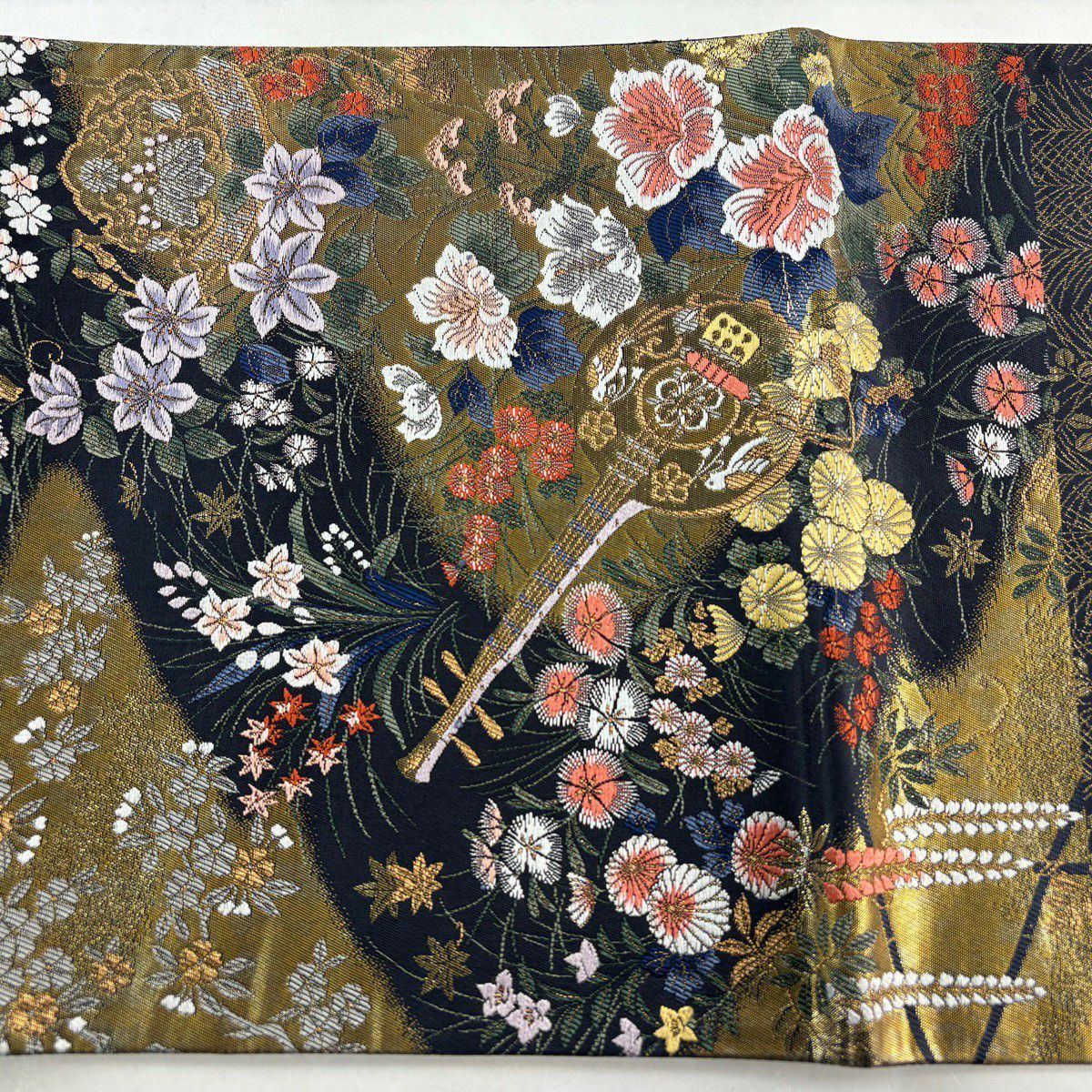 【美品】 袋帶 秀品級 樂器 草花紋 金糸 金金箔 墨 深藍 六通 純蠶絲