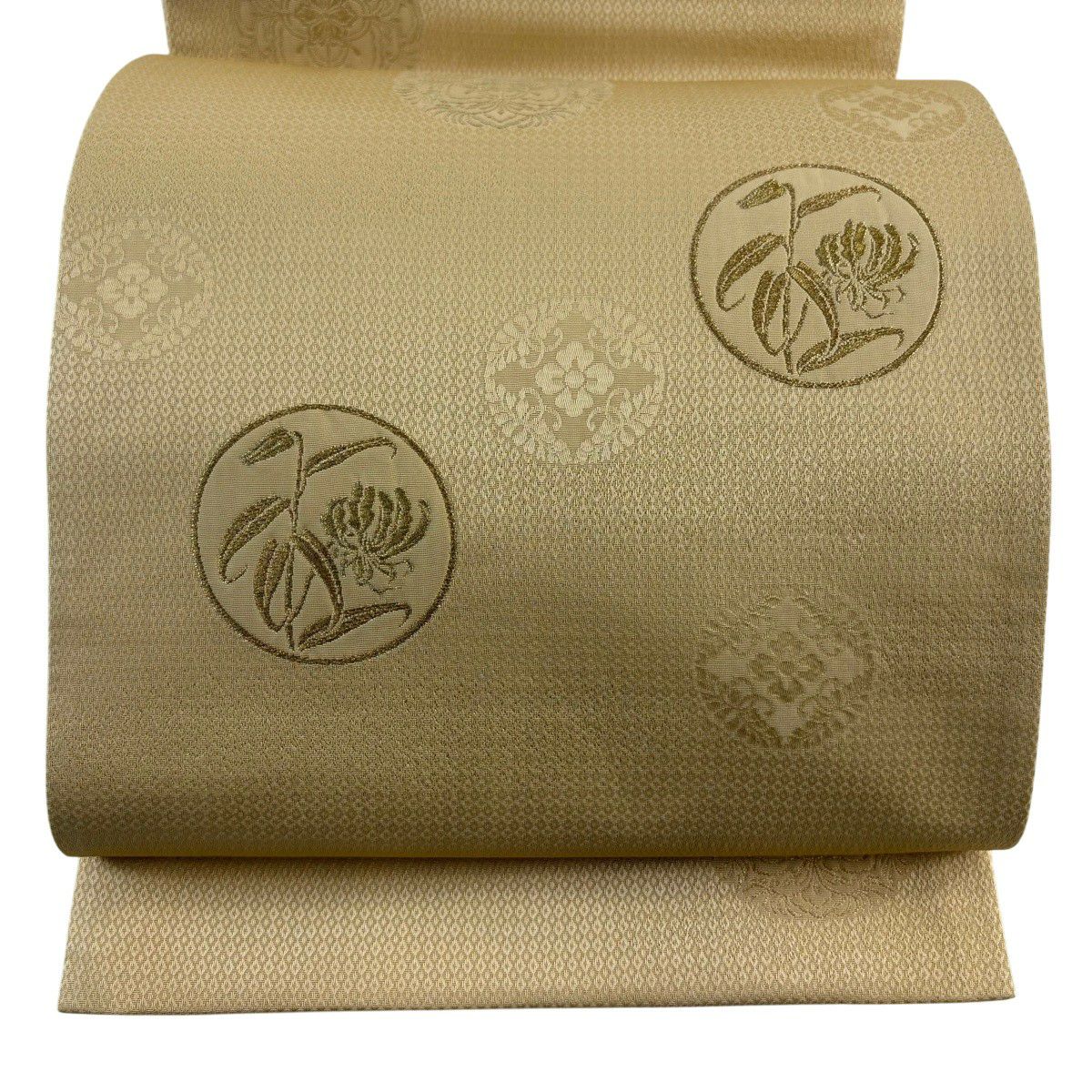 【美品】 袋帶 秀品級 草花紋紋 金絲 刺繡 米色 大鼓圖案 純蠶絲