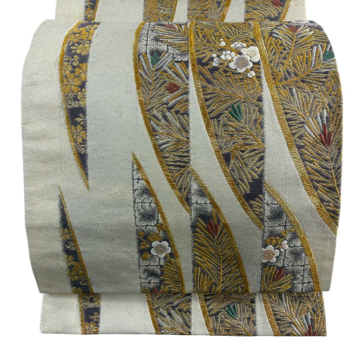 【美品】 袋帶 秀品級 若松樹 梅花 金銀絲 刺繡 奶油 六通 純蠶絲