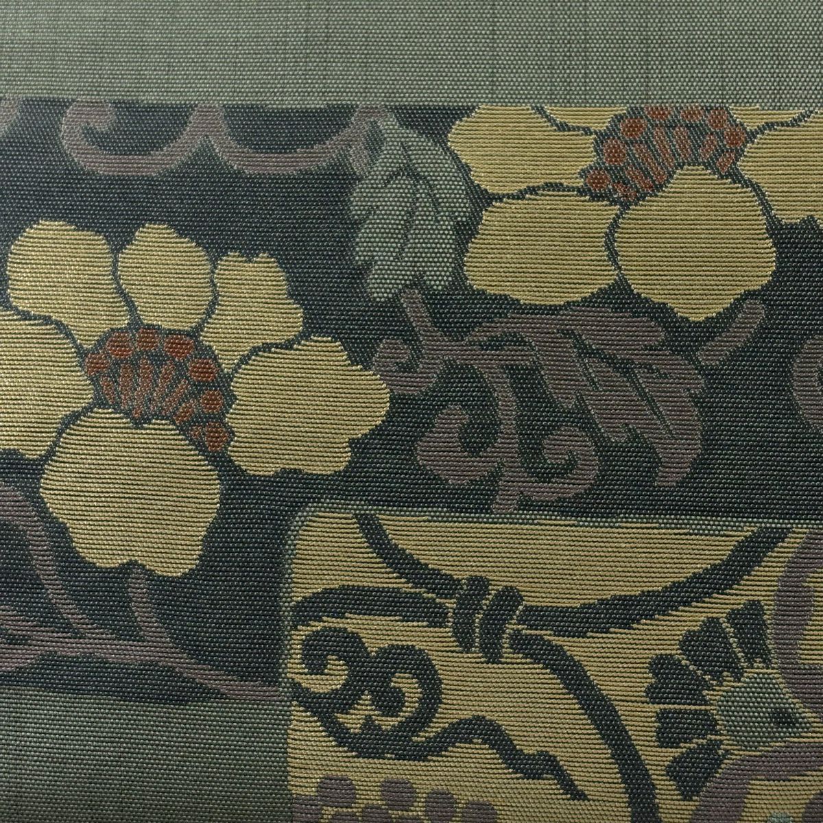 【美品】 袋帶 秀品級 草摺紬織織 華紋 草花紋 灰綠 六通 純蠶絲