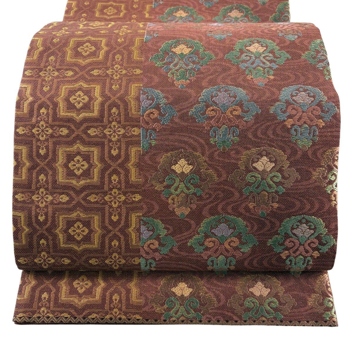 【美品】 袋帶 秀品級 草花紋 流水 刺繡 金線 深紅 六通 純蠶絲