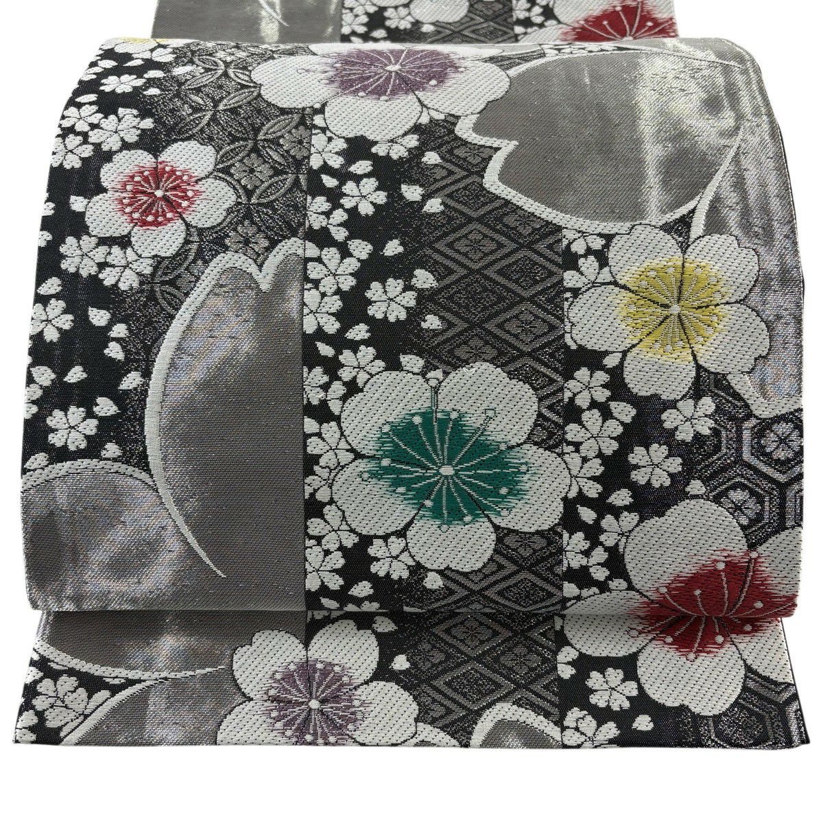 袋帶 秀品級 櫻花 有職紋樣 刺繡 銀線 銀色 六通 純蠶絲