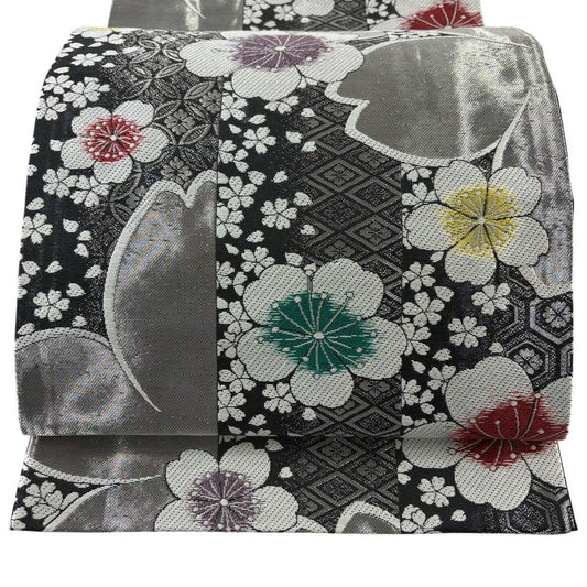 袋帶 秀品級 櫻花 有職紋樣 刺繡 銀線 銀色 六通 純蠶絲