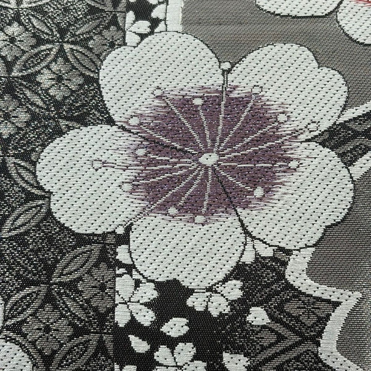 袋帶 秀品級 櫻花 有職紋樣 刺繡 銀線 銀色 六通 純蠶絲