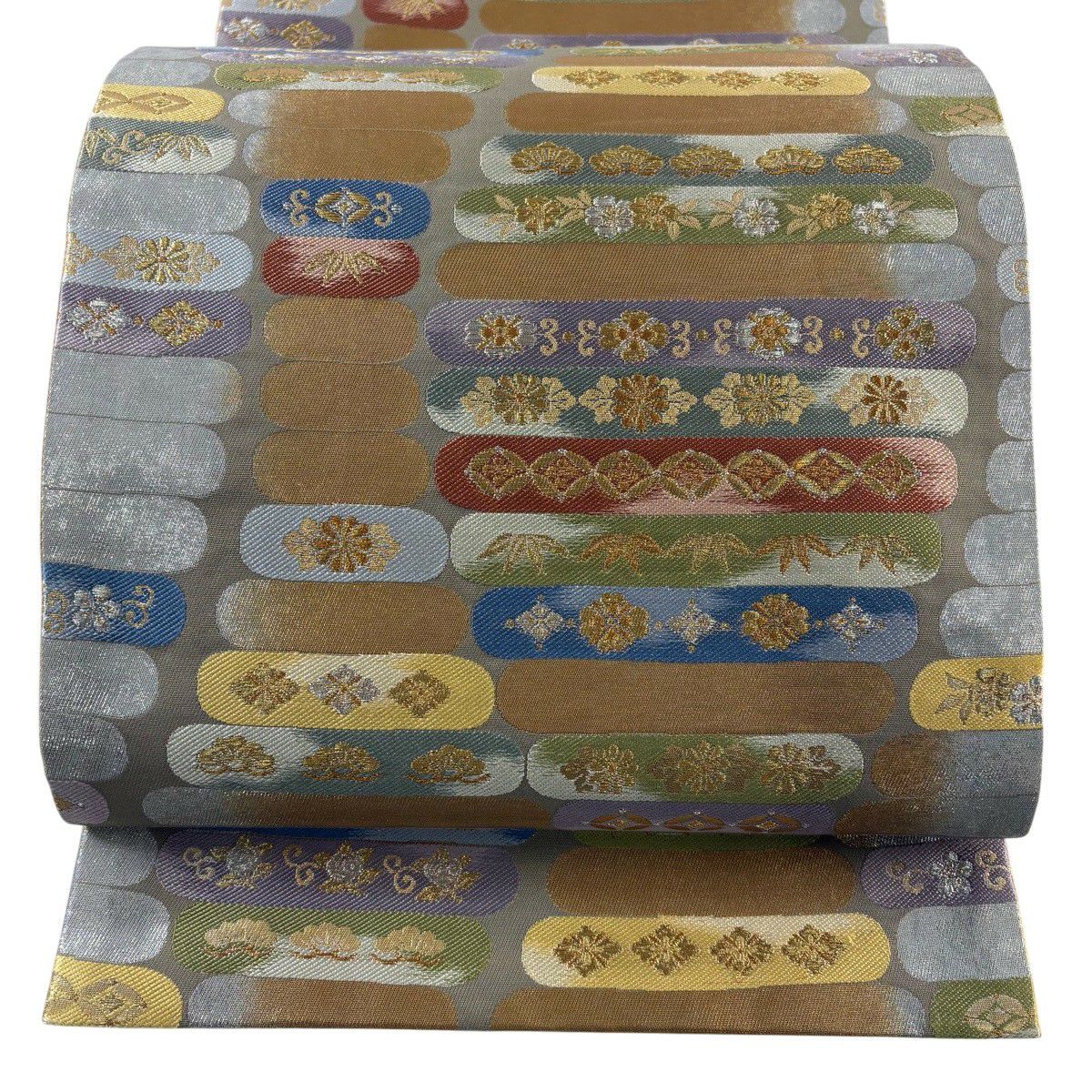 【美品】 袋帶 秀品級 松樹竹子梅花 草花紋 金銀彩 金金箔 灰 深藍 六通 純蠶絲