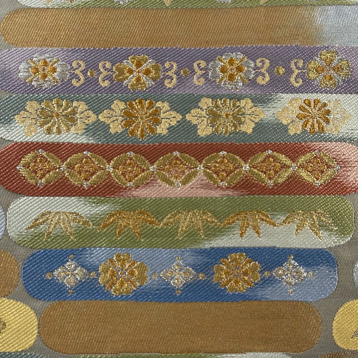 【美品】 袋帶 秀品級 松樹竹子梅花 草花紋 金銀彩 金金箔 灰 深藍 六通 純蠶絲