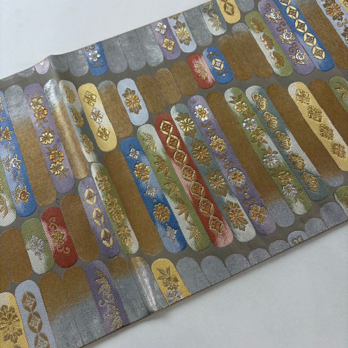 【美品】 袋帶 秀品級 松樹竹子梅花 草花紋 金銀彩 金金箔 灰 深藍 六通 純蠶絲
