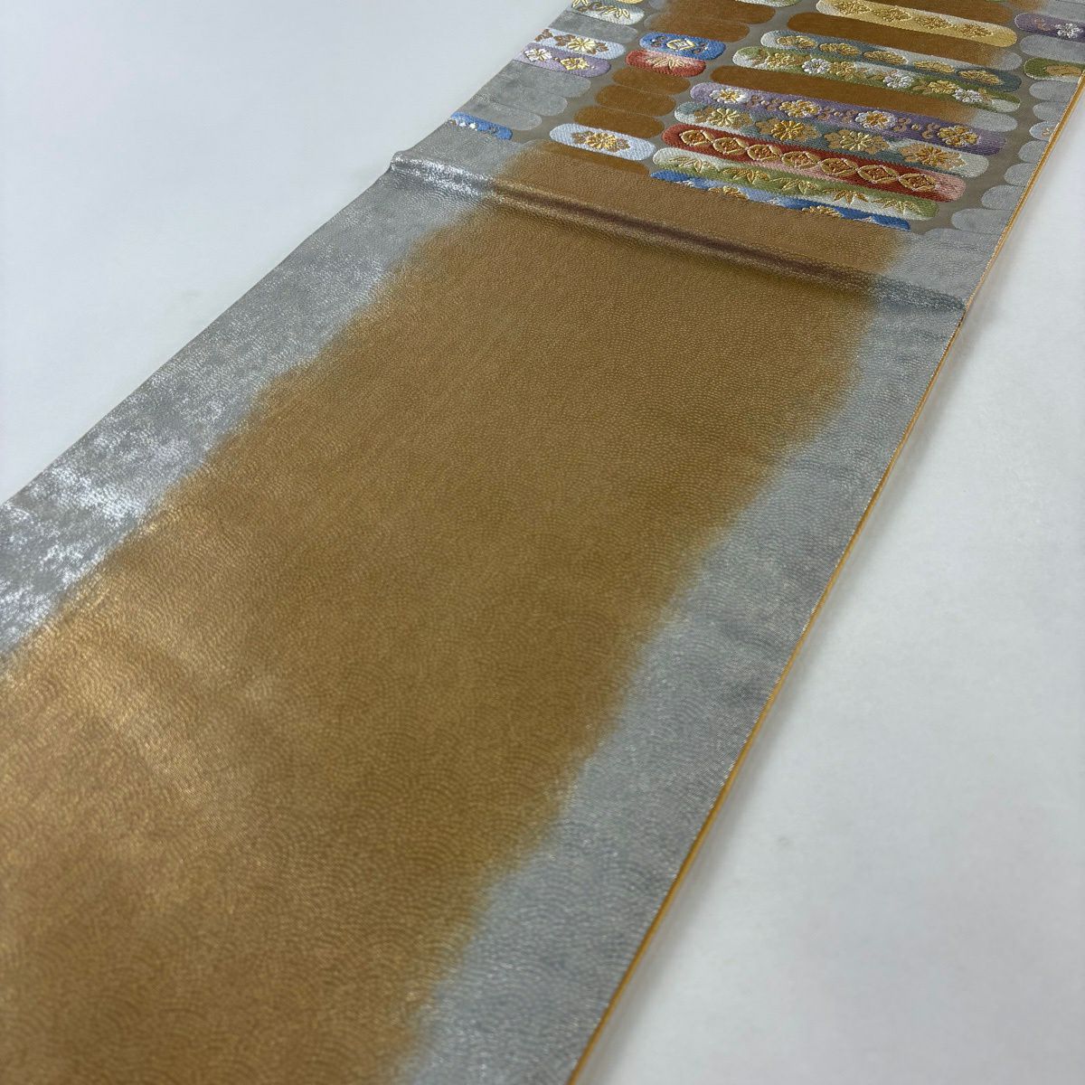 【美品】 袋帶 秀品級 松樹竹子梅花 草花紋 金銀彩 金金箔 灰 深藍 六通 純蠶絲