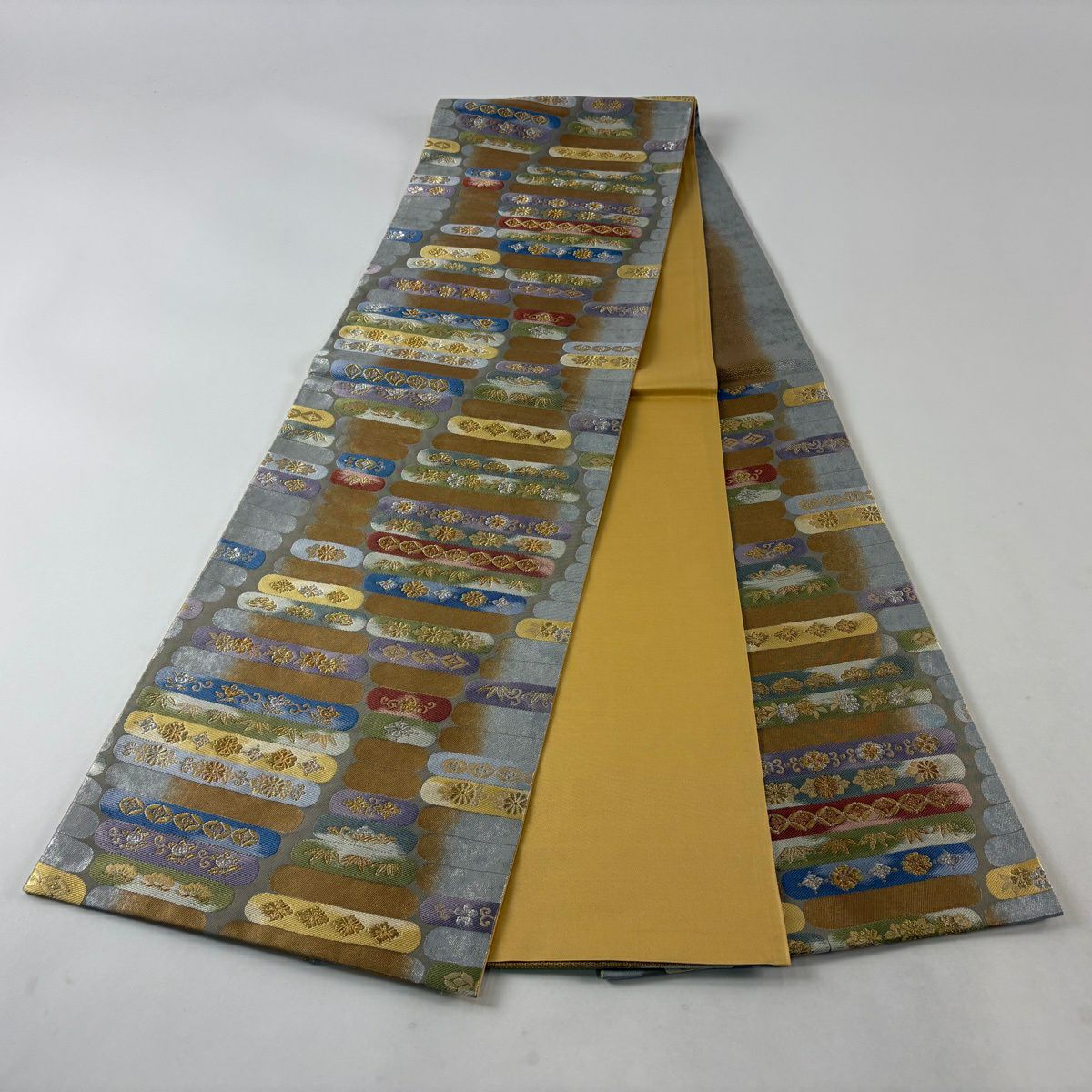 【美品】 袋帶 秀品級 松樹竹子梅花 草花紋 金銀彩 金金箔 灰 深藍 六通 純蠶絲