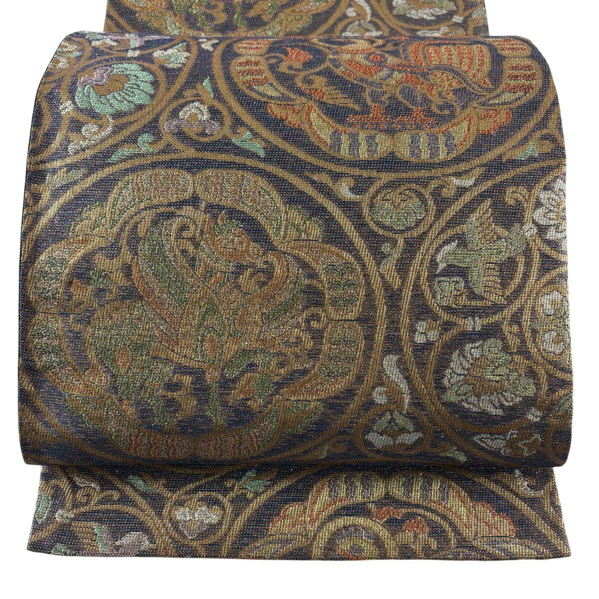 【美品】 袋帶 秀品級 鳥 花唐草紋 金糸 金金箔 紫 六通 純蠶絲