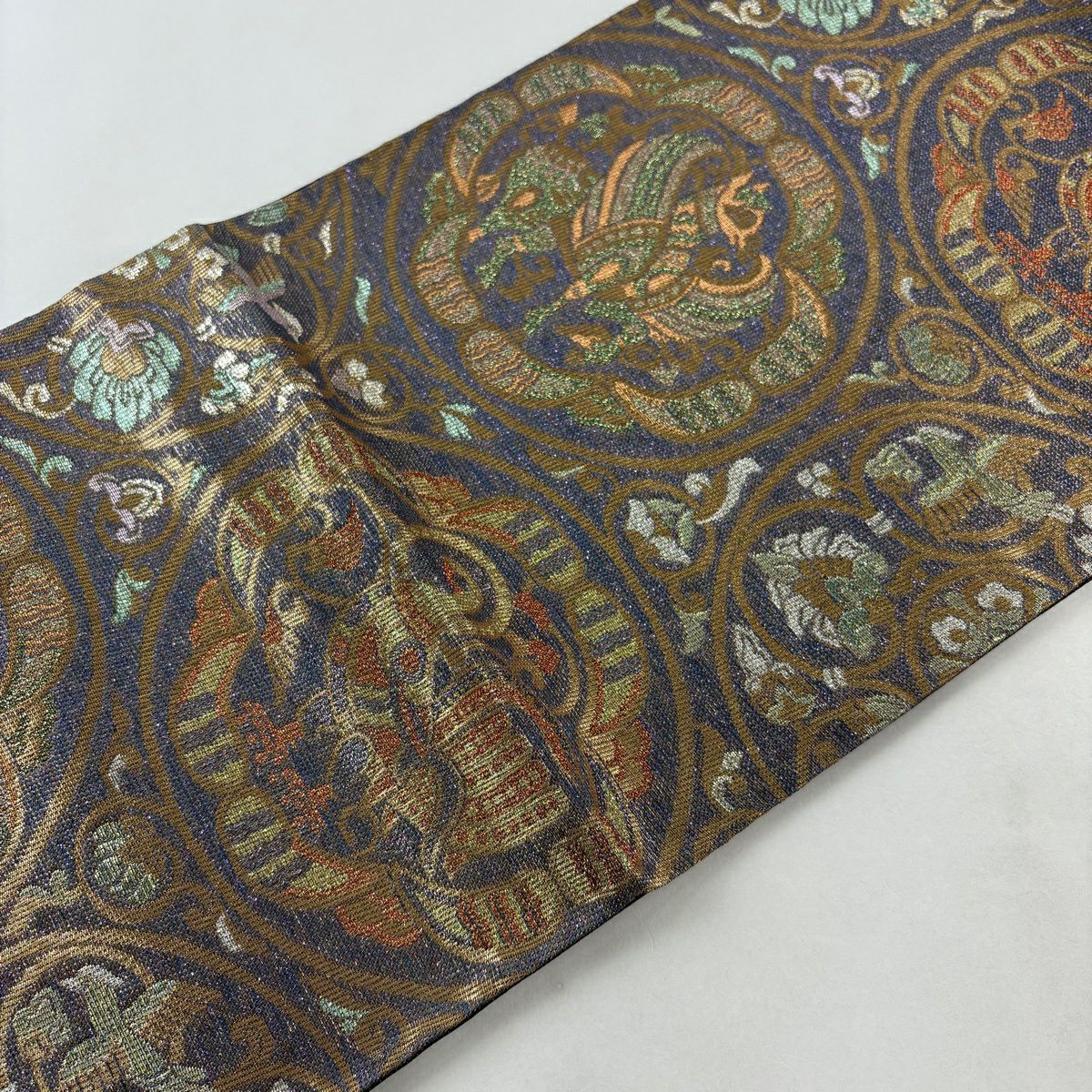 【美品】 袋帶 秀品級 鳥 花唐草紋 金糸 金金箔 紫 六通 純蠶絲